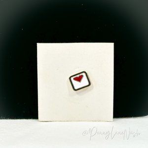 Vintage Square Red Heart Lapel Pin in White & Gold Tone